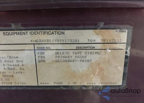 2000 Dodge Ram Van 1500 Conversion из США, поврежденный, VIN 2B6HB11Y0YK173281